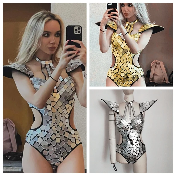 Women Mirror Bodysuit Dance Costume Sequins Fly Shoulder Hollow Out Rave Outfit Stage Performance Clothes Gogo Show 4 Colours