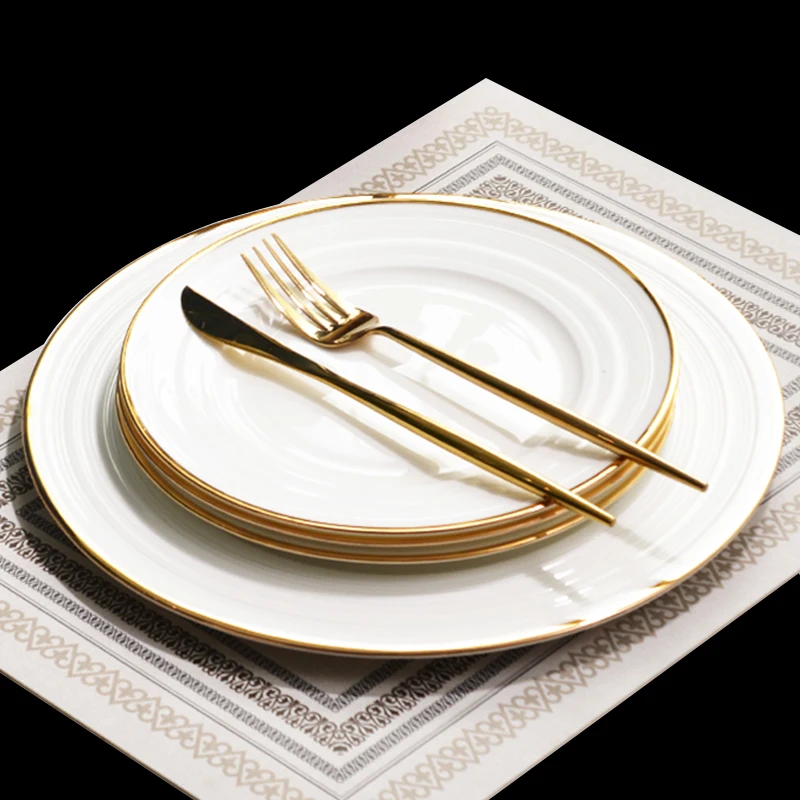 

Upscale Thread Dinner Plate Ceramic Bone china Gold Rim Food Plates White Porcelain Round Dish Simple Flat Dishes Steak Saucer