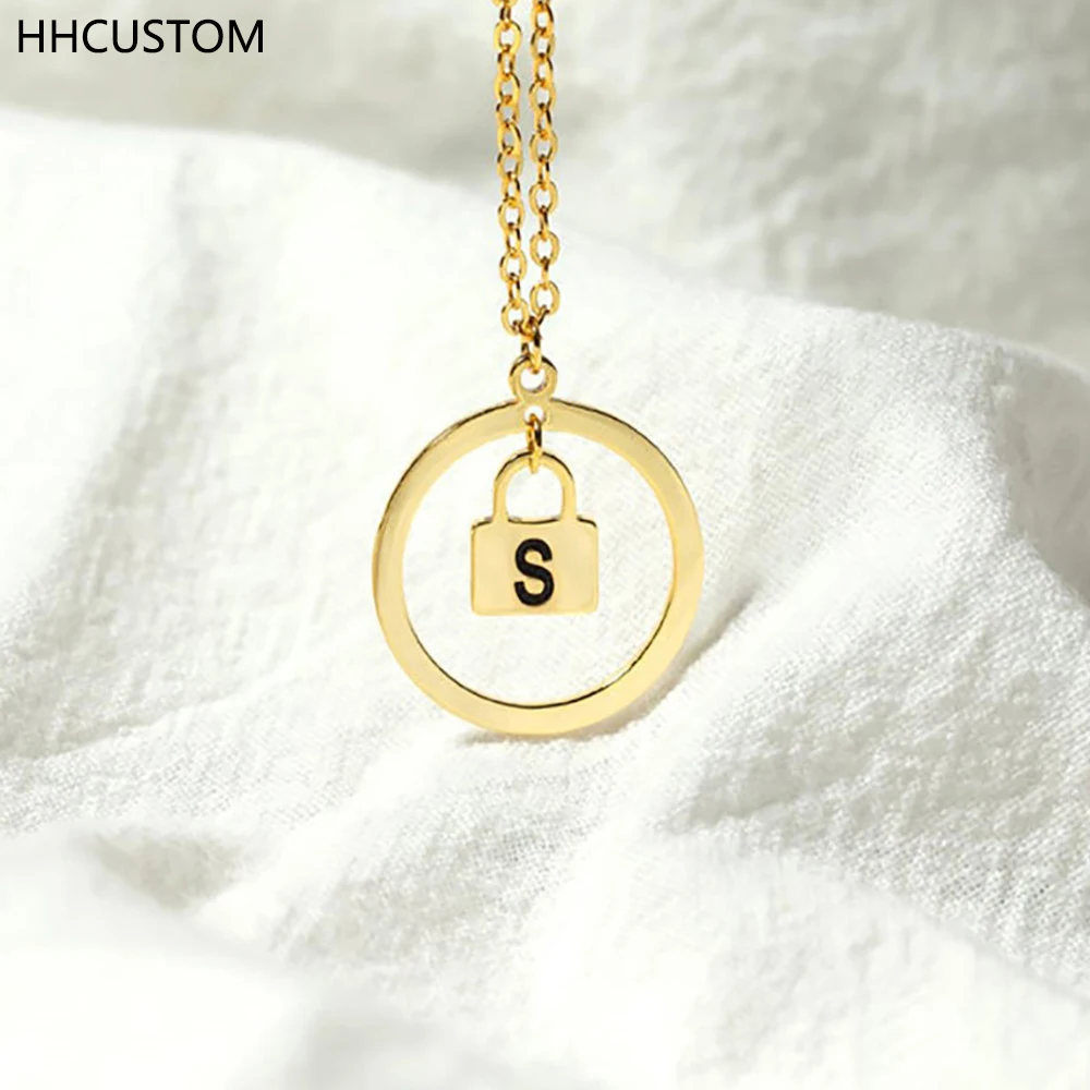 

HHCUSTOM Custom Letter Necklace With Lock Pendant Personality Stainless Steel Circle Jewelry For Women Unisex Anniversary Gift