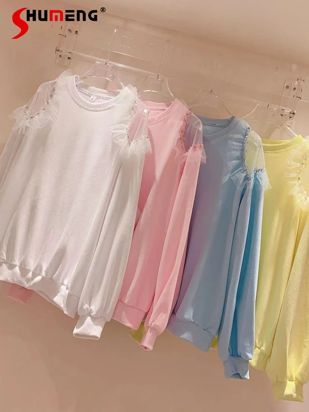 

High-End Long Sleeve Sweatshirt Women's Spring Autumn Off-Shoulder Stitching Mesh Candy Color Loose Sweet Pullover Thin Hoodies