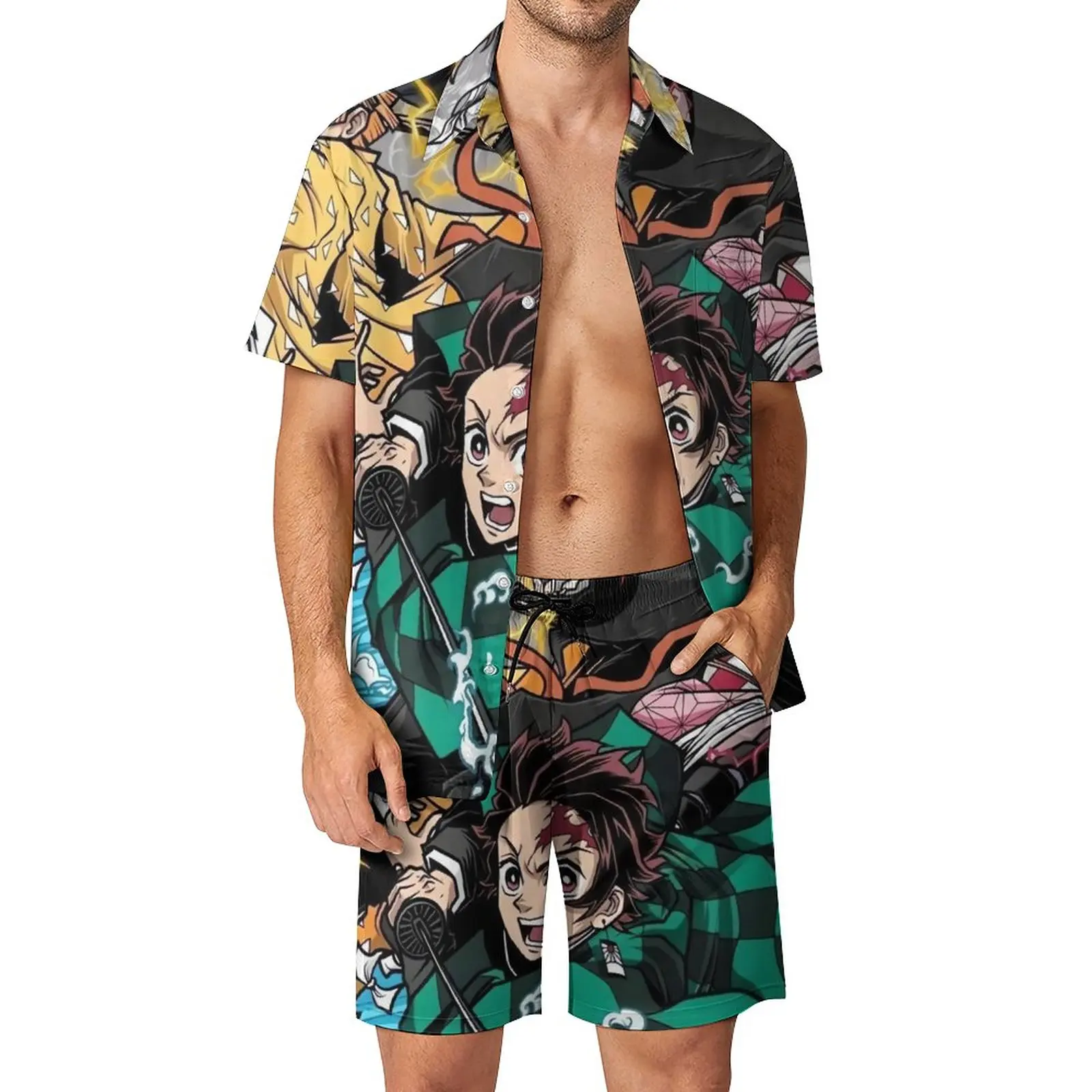 

Костюм мужской оверсайз с принтом, Повседневная рубашка с короткими рукавами и шорты, с аниме «рассекающий демонов», комплект летнего сезона