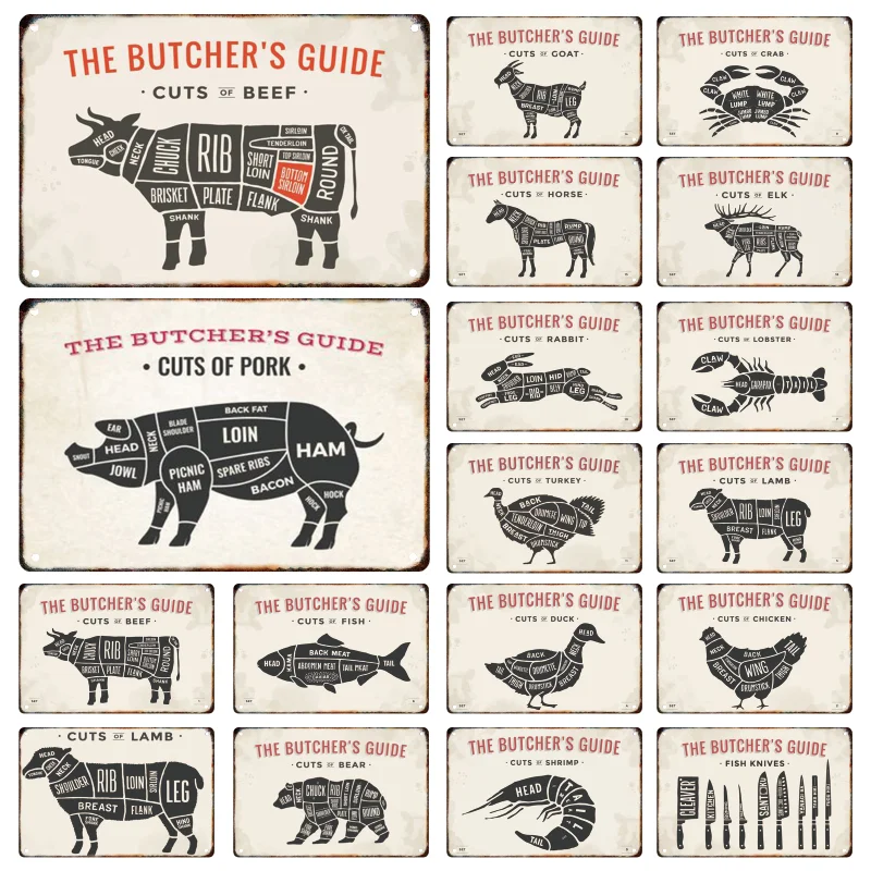 

Vintage The Butcher Guide Metal Animal Signage Tin Painting Beef Pork Poster Kitchen Dining Room Wall Art Decor Mural Aesthetics