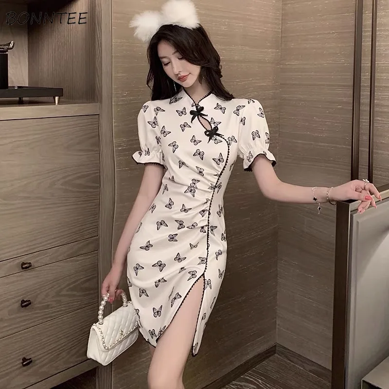 

Dresses Women Summer Floral Mandarin Hollow Out Ladies Fashion Puff Sleeve Female High Waist Sweet Ins All-match Hot Sale Chic