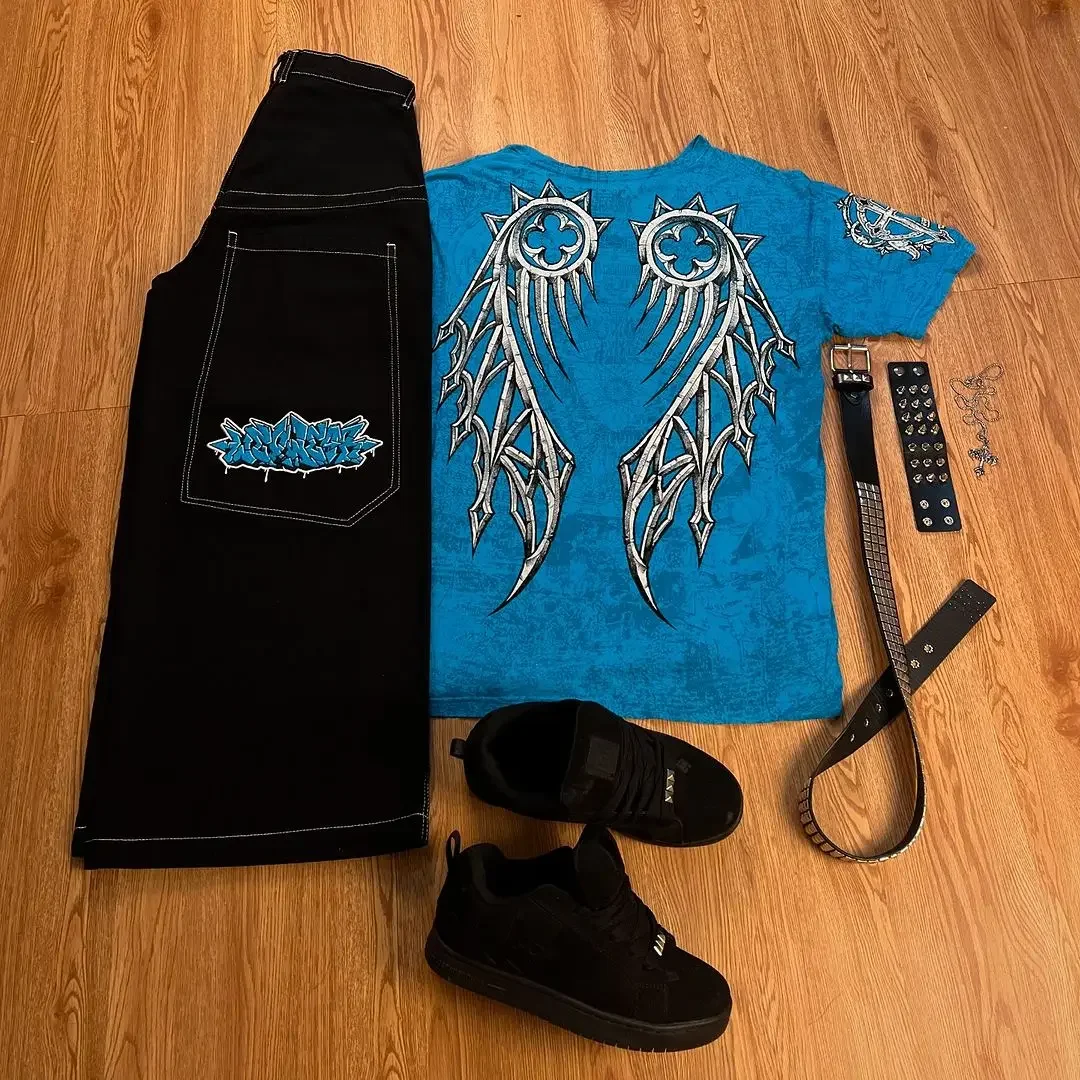 Костюм Tapout and Wexwear с вышитыми графическими джинсами в стиле Харадзюку черные