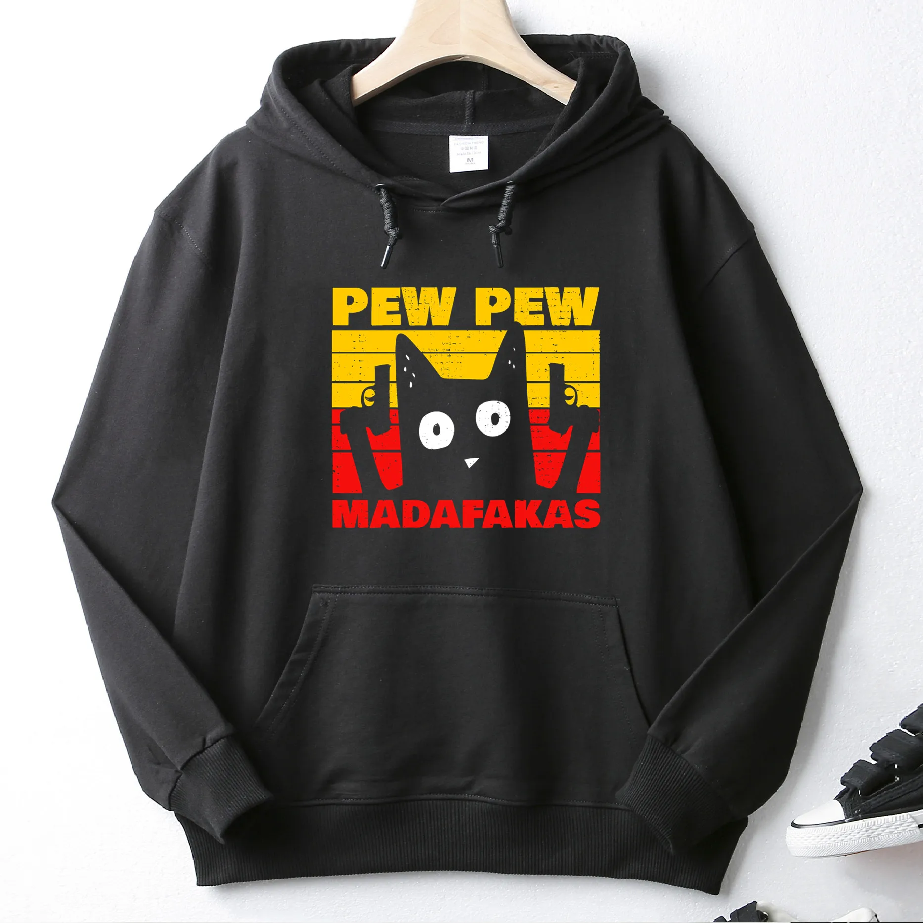 

Pew Pew Funny Cat That Got Scared Autumn Winter Hoodie Slim Long Sleeve Pocket Sweatshirt Unique Unisex Tops Pullover