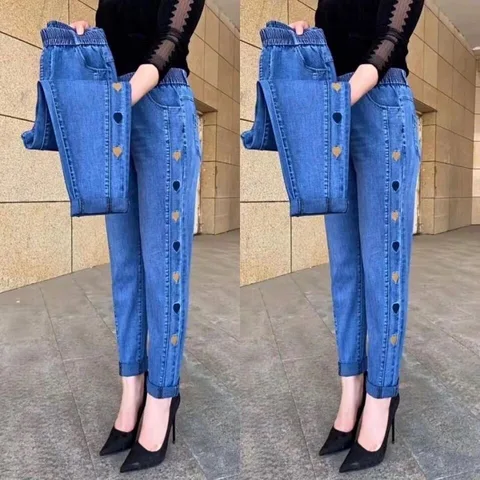 Новинка 2023, синие джинсы с вышивкой, женские брюки Harlan с эластичным поясом, модные повседневные брюки, женские Слаксы