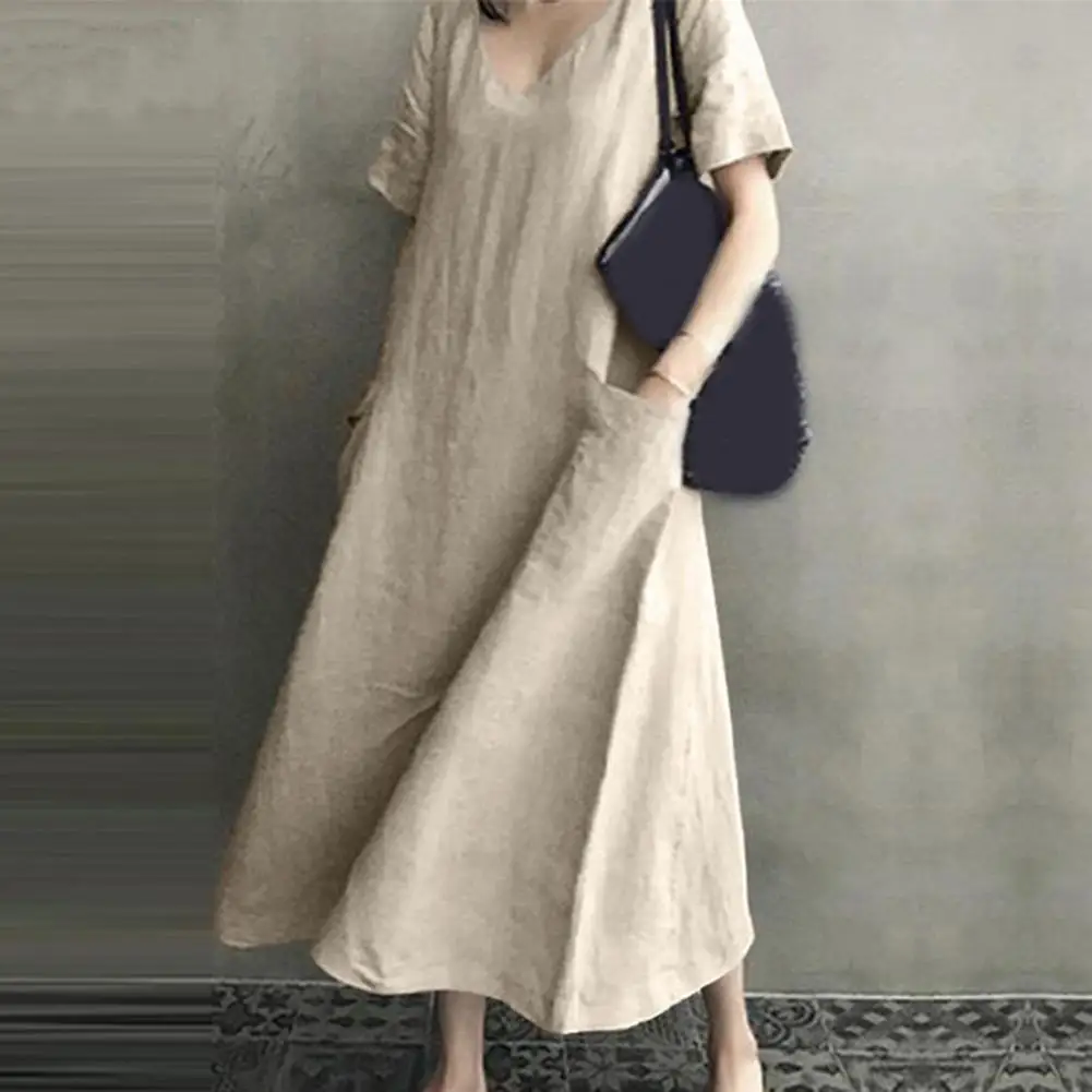 

Summer V-Neck Slant Pockets Large Hem Women Dress Summer Short Sleeve A-Line Retro Midi Dress Solid Color High-Waist Midi Dress