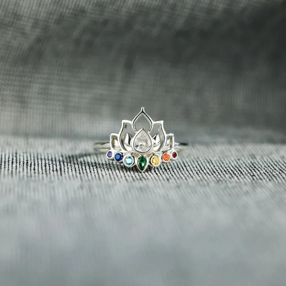 Trumium Real 925 Sterling Silver Lotus Flower Boho Rings for Women Simple Trendy Colorful Zircon Wedding Ring Fine Jewelry Gift