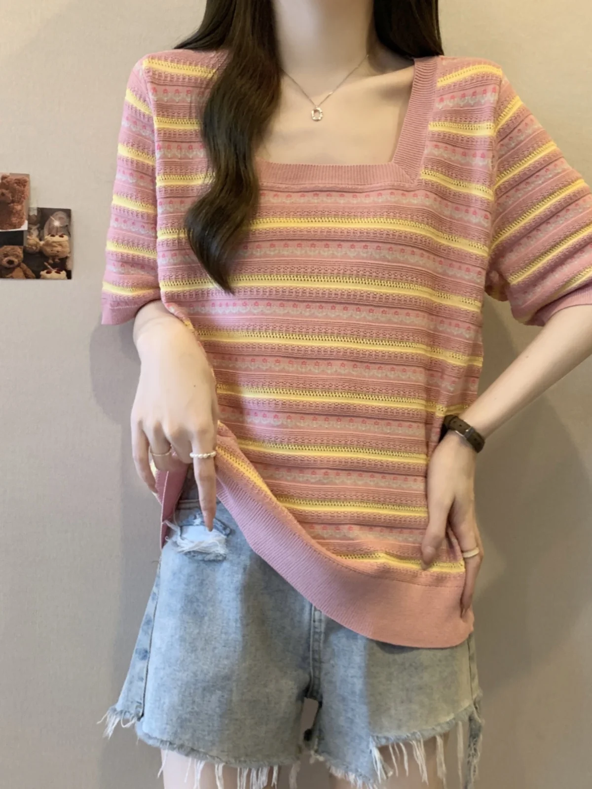 Plus Size Plus size women clothing Belly Covering Stripe Contrast Color Short sleeve Bottoming Shirt Summer Chubby Girl Loose...