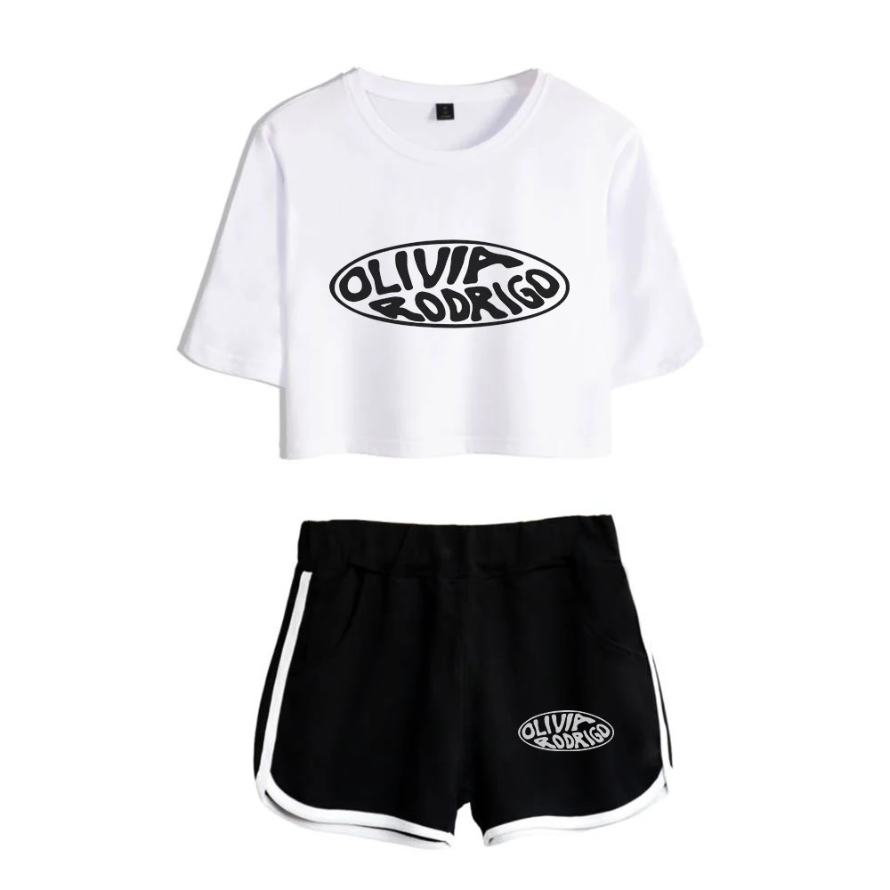 

New Trendy Kawaii Olivia Rodrigo Print Dew navel Sport Girl suits Trendy Youthful Two Piece Set Women Sexy Shorts+lovely T-shirt