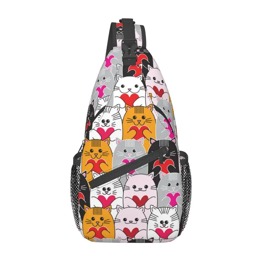 

Cats Love Hearts Sling Crossbody Backpack Men Custom Cartoon Kitten Shoulder Chest Bag for Travel Hiking Daypack