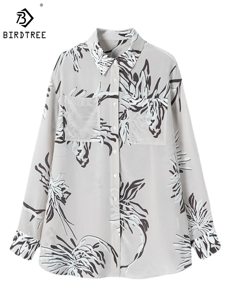 

Женская рубашка из 100% натурального шелка Birdtree 16 Momme, повседневный тонкий винтажный топ с принтом, свободные блузы с отложным воротником, Новинка осени T36541QM
