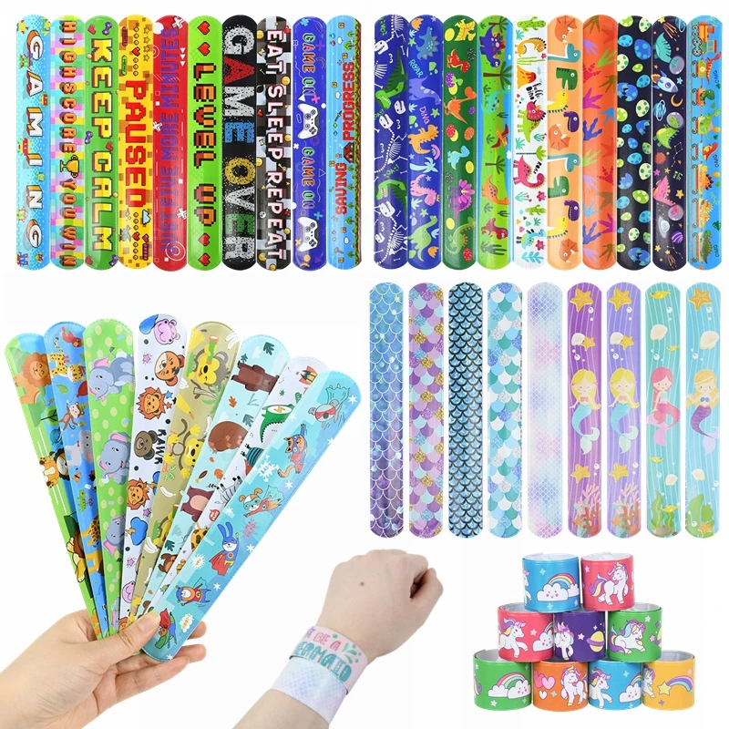 10pcs Cartoon Unicorn Slap Bracelets Baby Shower Mermaid Dinosaur Animals Wristband Gift Birthday Party Supplies Kids Favor Toys