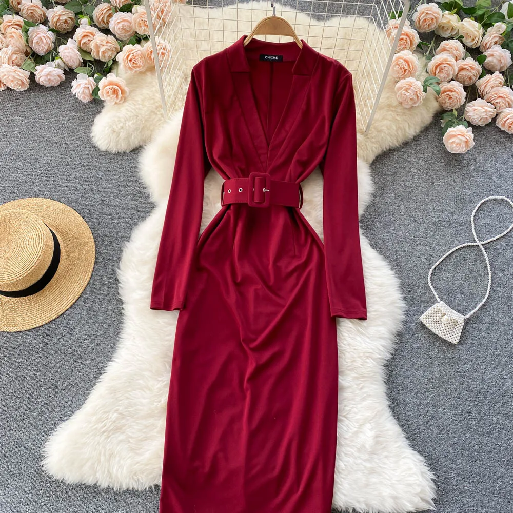

D029 Women New Fashion Spring Autumn V-neck Long Sleeve Red Package Hip Dress Female Lace Waist Slim Work OL Vestidos