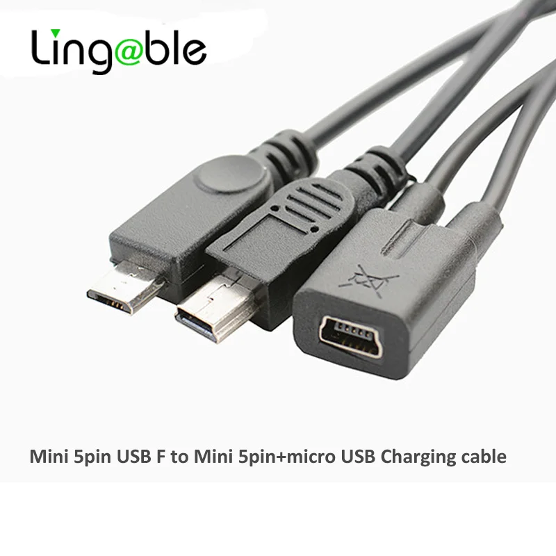

Lingable Mini USB 5-контактный гнездовой к Мини usb 5-контактный штекер + micro USB штекер Y-разветвитель 1 в 2 конвертер зарядный кабель 30 см для автомобиля