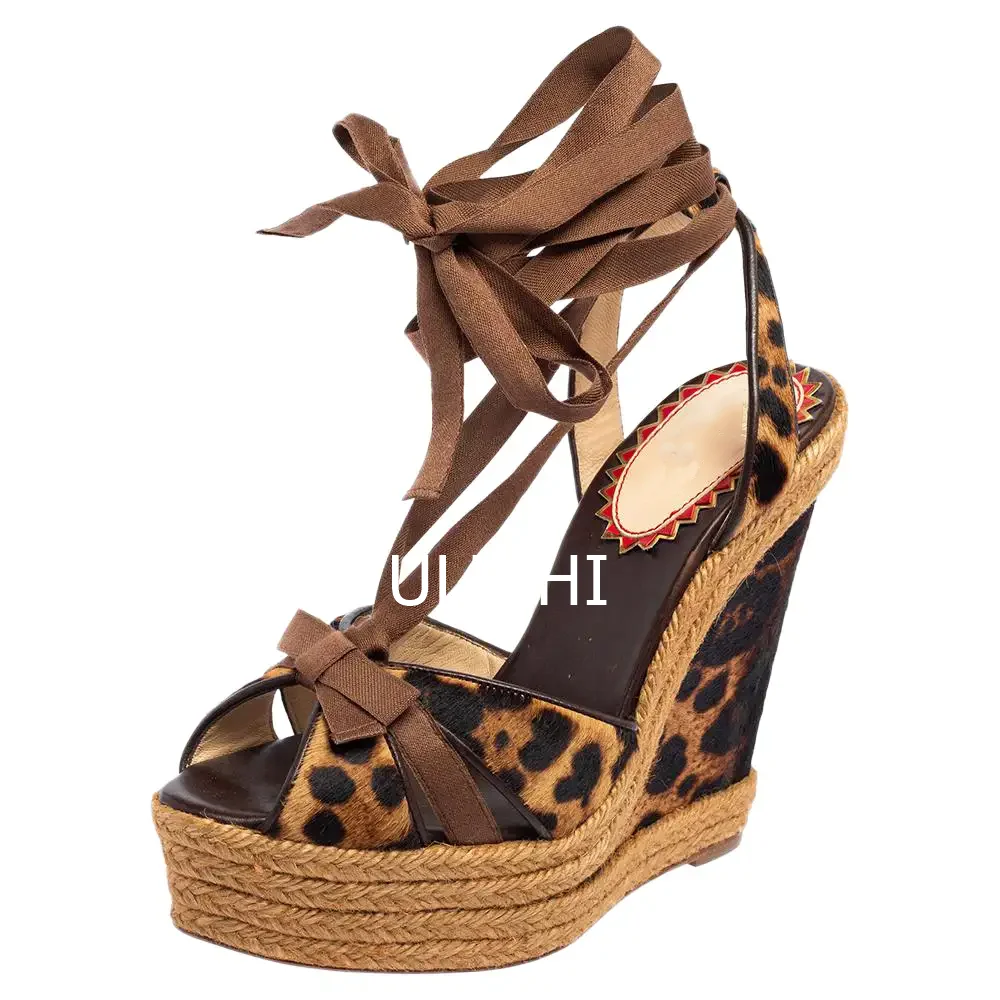 Wedge Leopard Woven Straw Sandals Women Casual Brown Black Suede Velvet Cotton Open Slingback Heels Ankle Straps Lace Beach Shoe