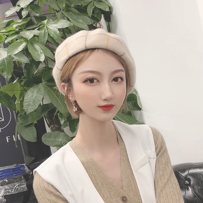 

Wool Beret Korean-Style All-match Women's Autumn and Winter Artistic Fashion Plaid Painter Cap British Retro Bud Hat Beret Caps