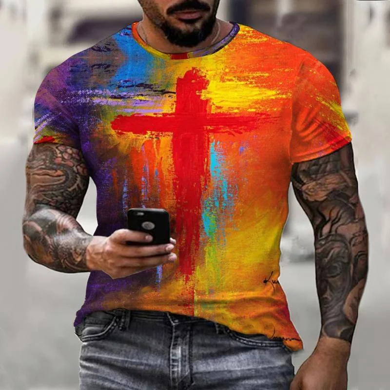 

Lucky Top Vintage Style Colorful Cross 3D Abstract Print Jesus Religious Men's T-Shirt Short Sleeve Streetwear Oversized XXS-6XL