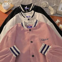 american letter baseball uniform retro embroidery pink varsity jacket women 2022 autumn winter oversize coats streetwear clothes