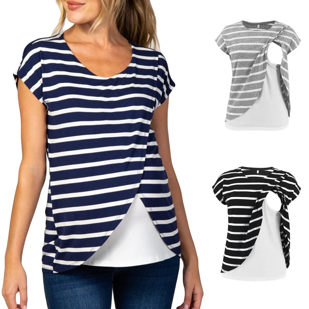 Summer Maternity Shirts Women Breastfeeding Clothes Striped Stitching Multilayer Wrap Breastfeeding Top Allaitement Vetement