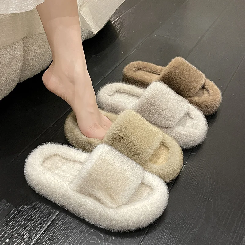 

Shoes Woman 2022 House Slippers Platform Flock Fur Flip Flops Pantofle Luxury Slides Med Soft Plush New Designer Flat Massage Fa