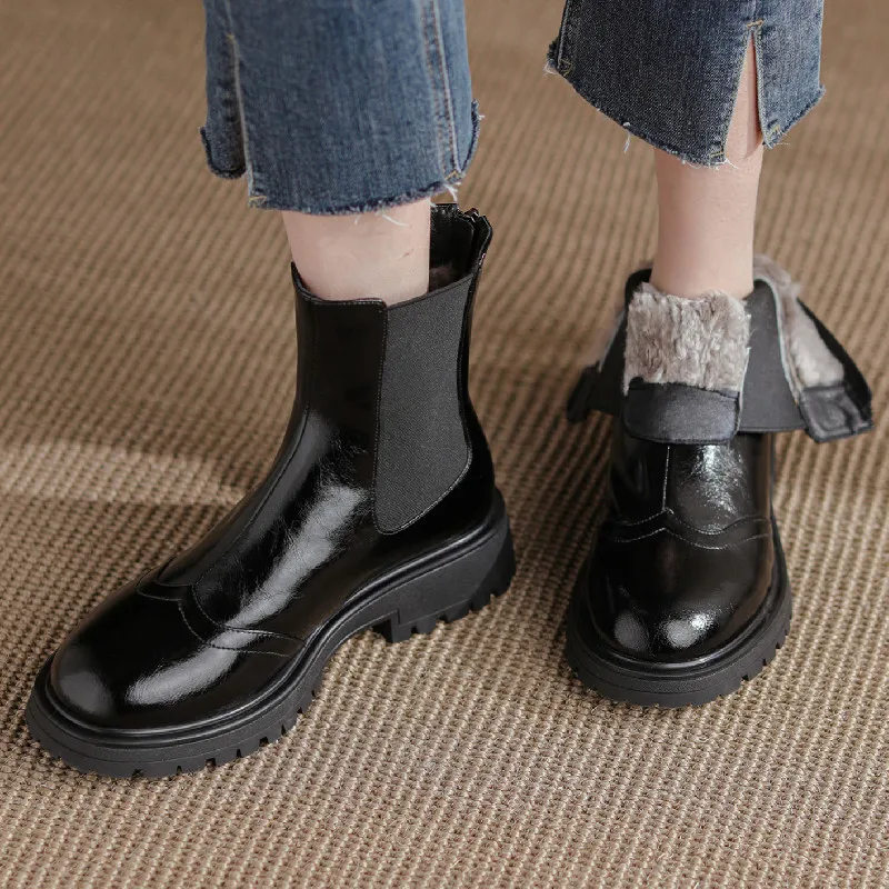 

Dilalula Working Casual Women Ankle Boots Winter Warm Wool Snow Boots Genuine Leather Thick Heels Shoes Woman Classic Fashion
