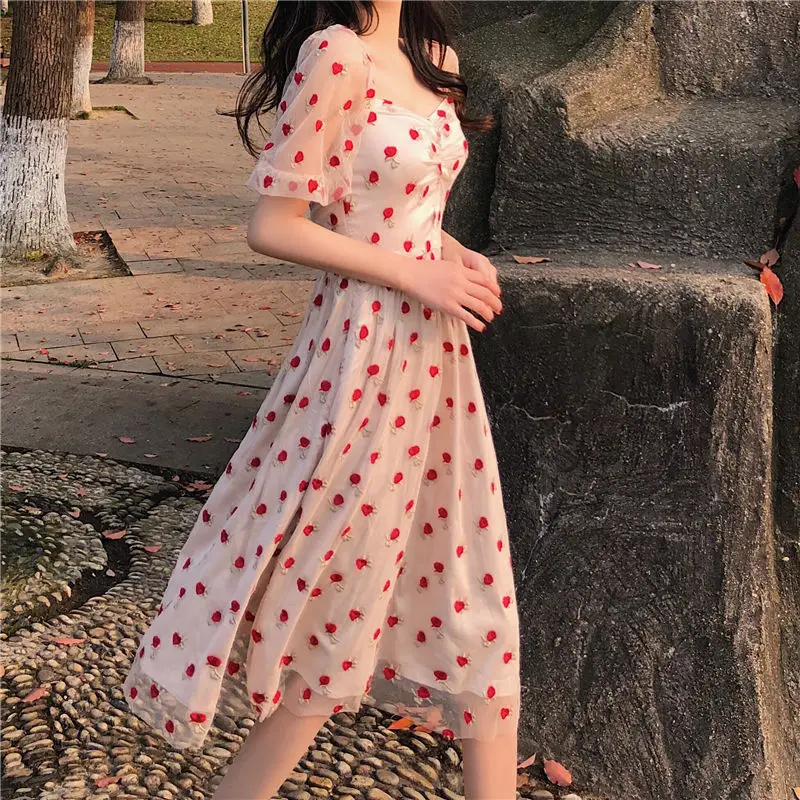 Mesh Vintage Woman Summer Strawberry Dress Casual Clothes Robe Clothing Sexy Fashion Korean for Women Loose Long Red Sundress