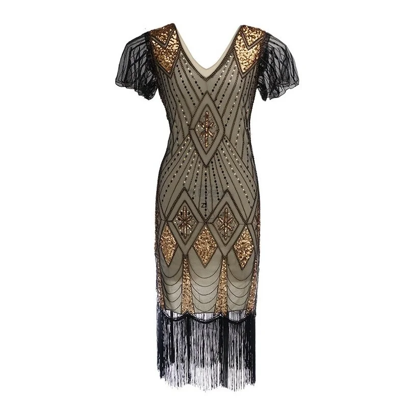 Купи Embellished Beaded Sequin Robe Vestidos Women 1920s Flapper Dress Vintage V Neck Butterfly Sleeve Long Great Gatsby Dress за 766 рублей в магазине AliExpress