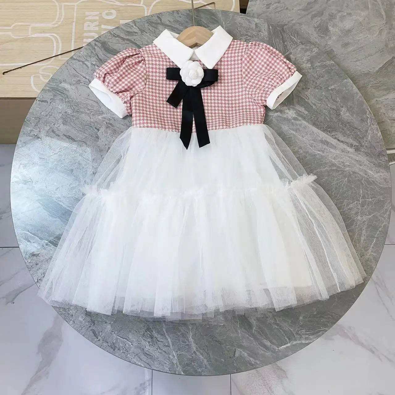 

Popular Children's Clothing 2023 Summer New Product Girls' Polo Neck Fashion Sweet Bubble Sleeves Paired with Mesh Panel Dress