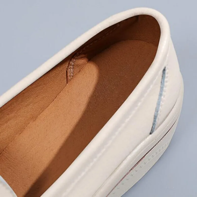 Classic Round Toe Women Slip on Leather Casual Loafers Pure Color Spring Autumn Platform Wedge Shoes Comfort Mom Moccasins