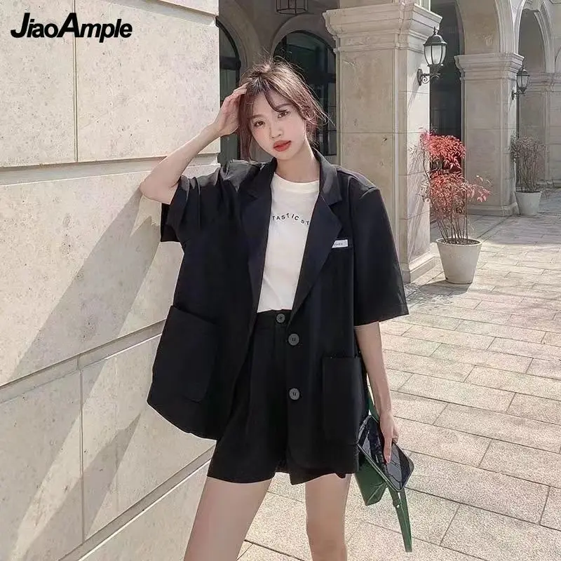 Women's Casual Professional Wear 2022 Summer Loose Short Sleeve Suit Jacket Shorts Two Piece Korean Elegant Blazers Pants Set