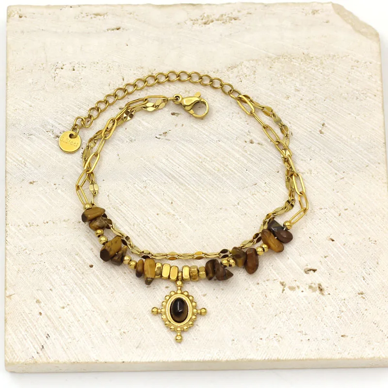 Позолоченный браслет из нержавеющей стали с тигровым камнем для женщин