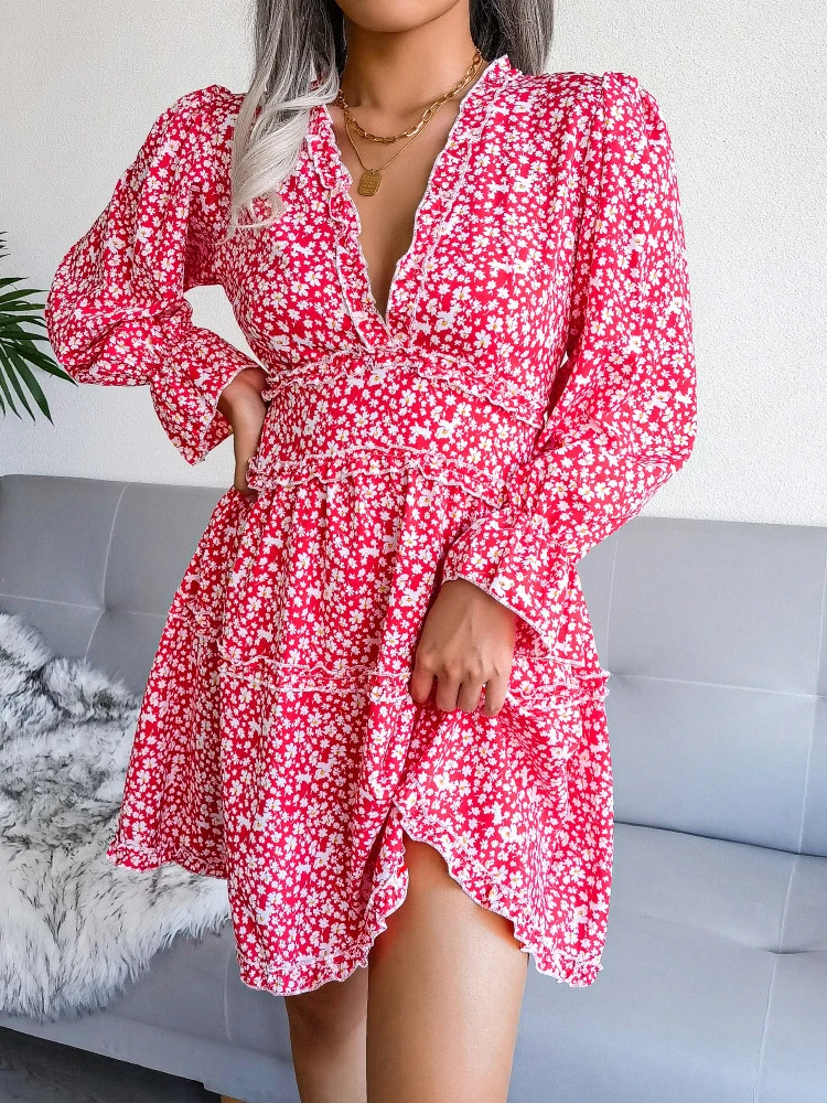 

Женское шифоновое мини-платье с цветочным принтом, V-образным вырезом и длинным рукавом