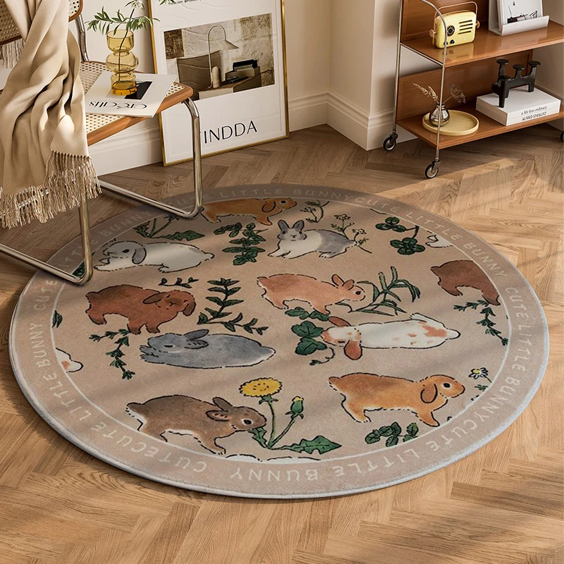 

Kawaii Rabbit Floral Round Floor Mat Cartoon Animal Carpet Soft Bath Rug for Living Room Child Bedroom Bedside Rug Room Decor