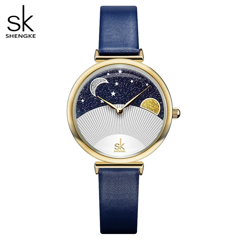 

Shengke Fashion Blue Women Watch Quartz Lady Leather Watch For Women Casual Waterproof Wristwatch Romantic Moon Stars Dial