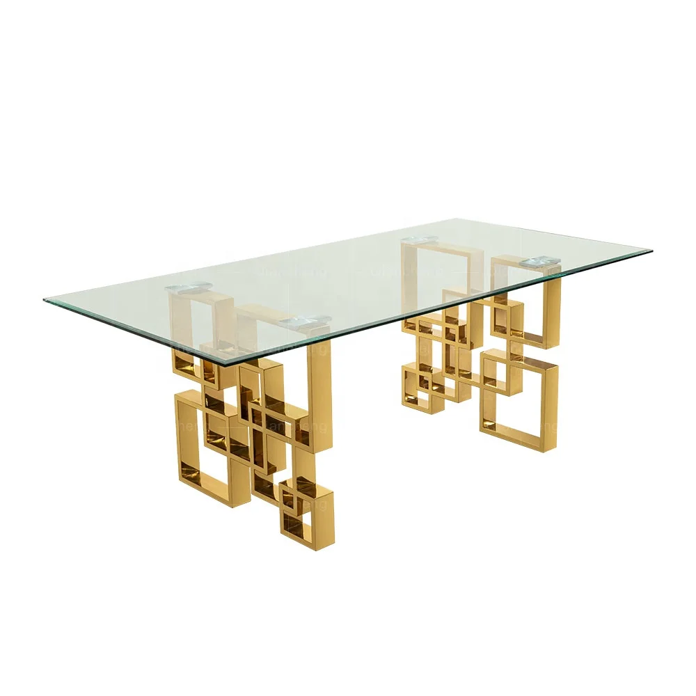 

Золотистый стальной обеденный стол со стеклянной столешницей, Роскошный Металлический мраморный стеклянный обеденный стол