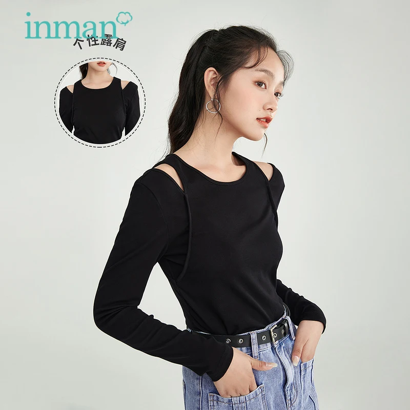 

Женская футболка INMAN, весна-осень, топы с открытыми плечами, облегающие элегантные женские блузки с длинным рукавом, пуловер для женщин, одеж...