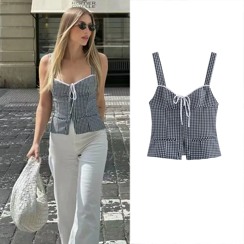 Топ женский летний в клетку элегантный клетчатый Молодежный топ-труба модный
