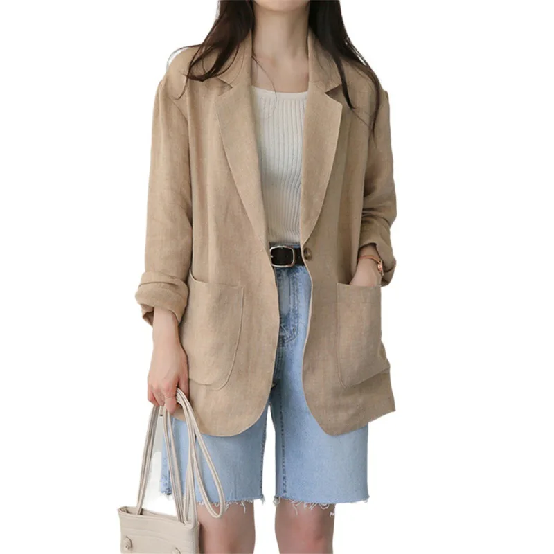 

Thin Cotton Linen Fabric Brown Color Suit Women's 2022 Spring Newest Style Casual Long-sleeved Cotton and Linen Women Jacket