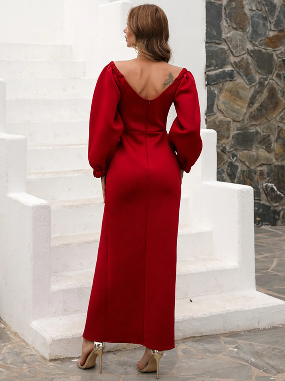 Red Satin Elegant Long Evening Dresses V Neck Backless Sexy Women Party Night Dress Lantern Sleeve Side Split Formal Prom Gowns