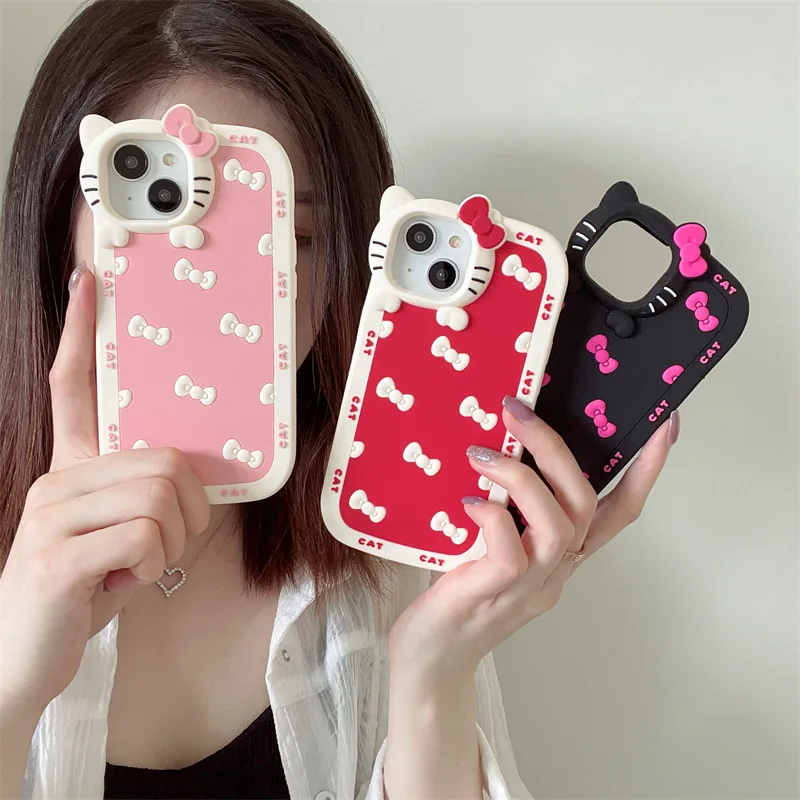 

3D Sanrio Hello Kitty Bow Lens Cartoon Silicone Phone Case for IPhone 14 13 12 11 Pro Max Case Cute Soft Anti-fall Back Cover