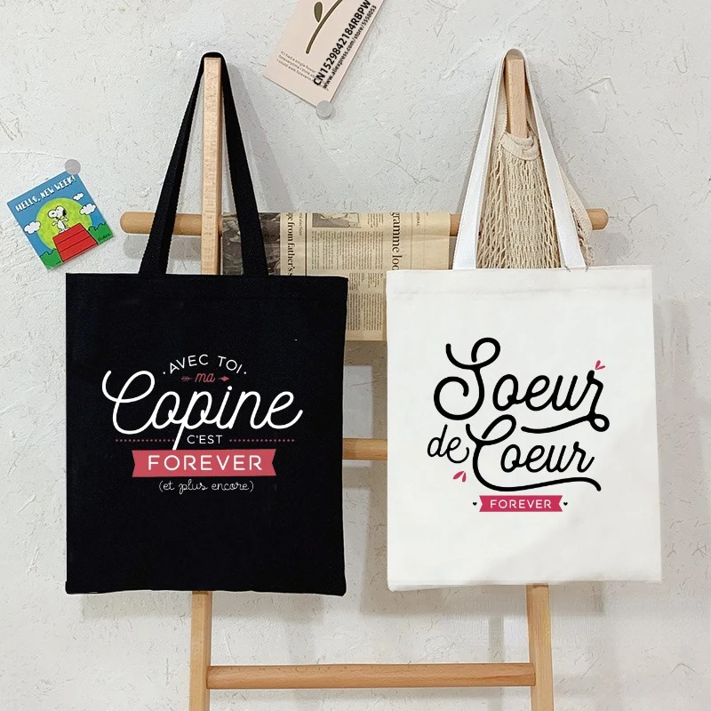 

Black and White Letter Lady Shopping Canvas Handbag Girl Harajuku Lady Large Capacity Leisure Shoulder Bag Commuting Canvas Bag