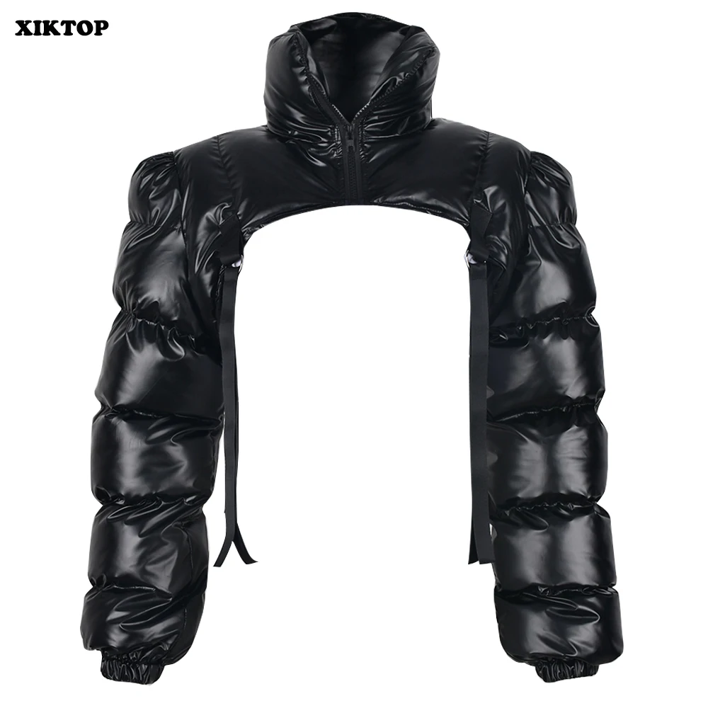 XIKTOP Women Coat 2022 Autumn Winter Sexy Cropped Jacket Y2k Solid Zipper Short Bubble Outwear Female Basic Street