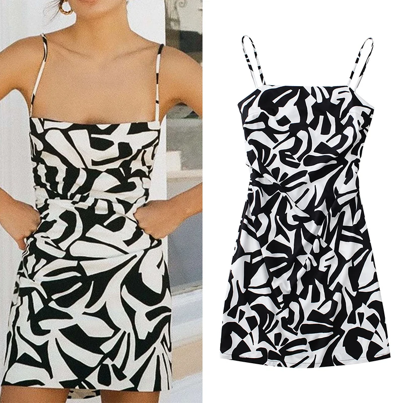 

2022 Summer Women Fashion Printed Slip Dress Sexy Sleeveless Square Collar Backless Bow Lacing Female Short Dress LY9814