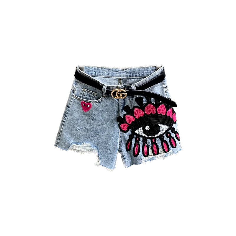 

Lyfzous New Summer Jeans Shorts Women Casual Big Eyes Sequins Straight Denim Shorts Blue Loose Tearing Edge Shorts