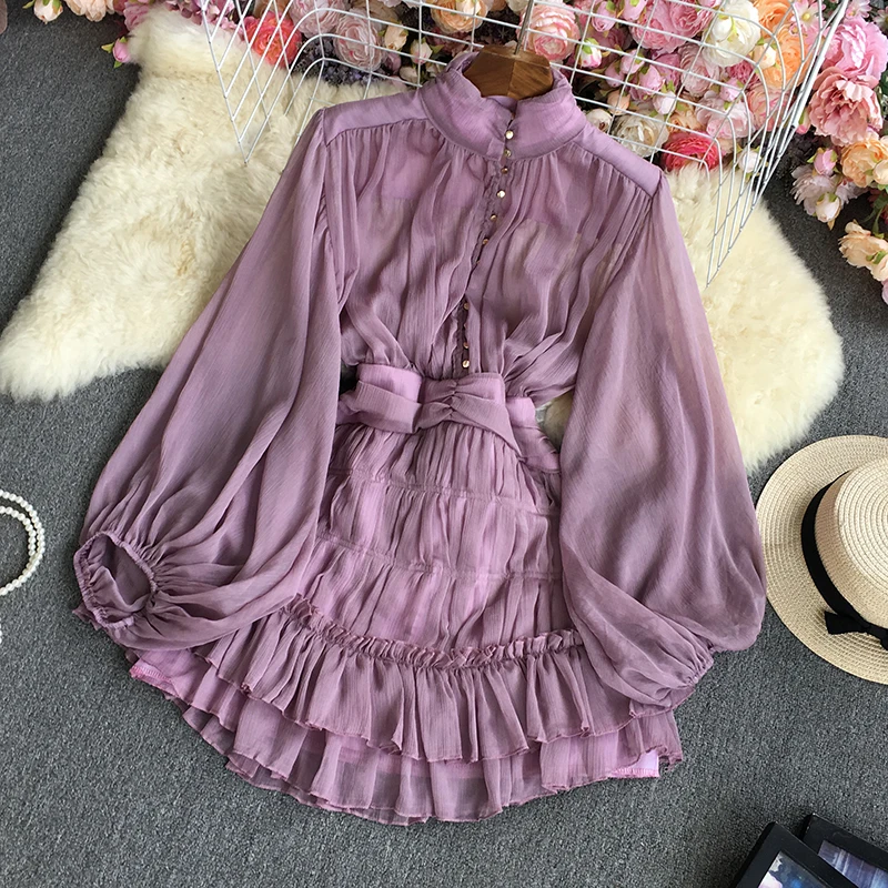 

SuperAen 2022 Spring/Autumn Turtleneck Solid Lantern Sleeve A-LINE Casual Knee-Length Dress for Women