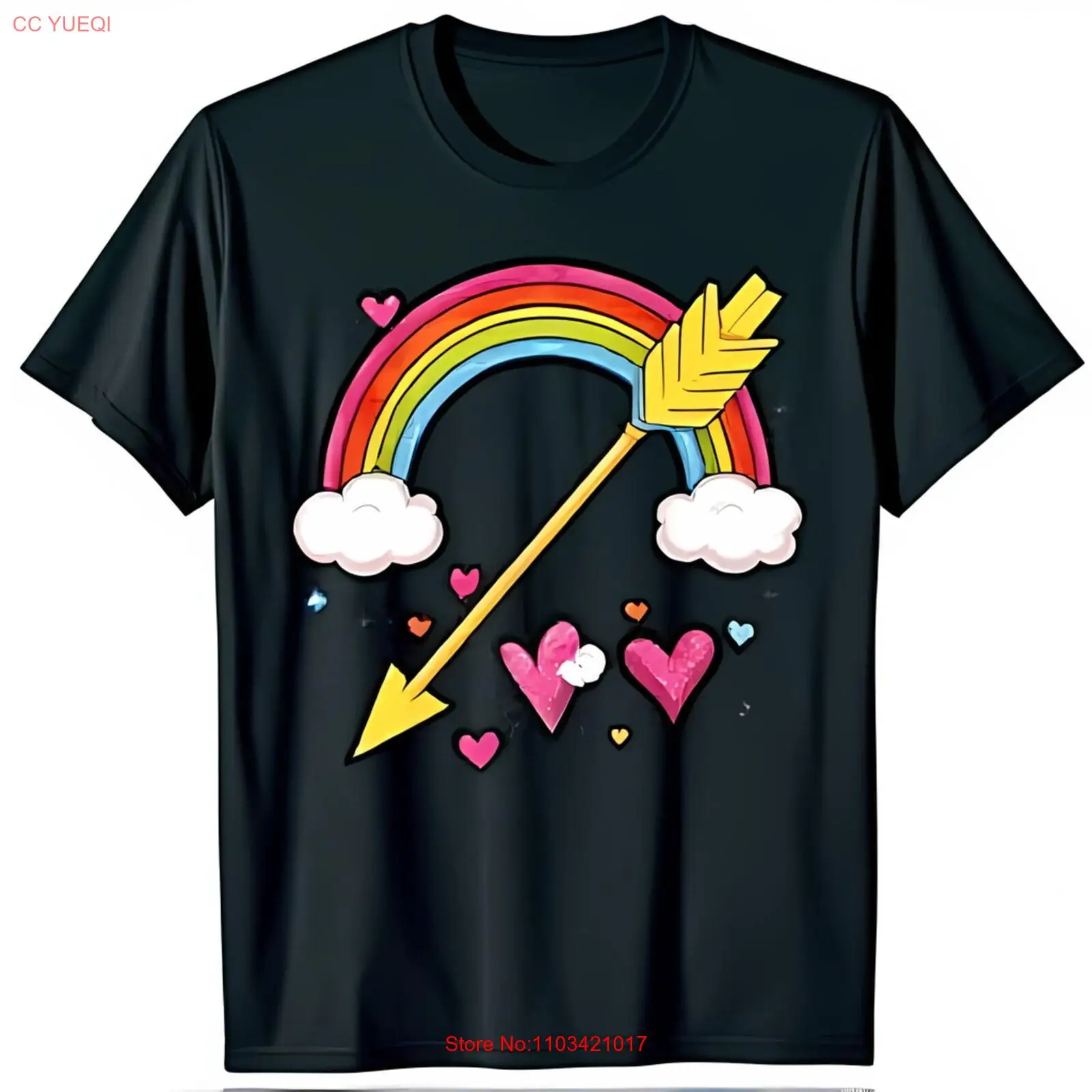 Черная футболка с радужным рисунком желтая стрела и розовые сердечки для