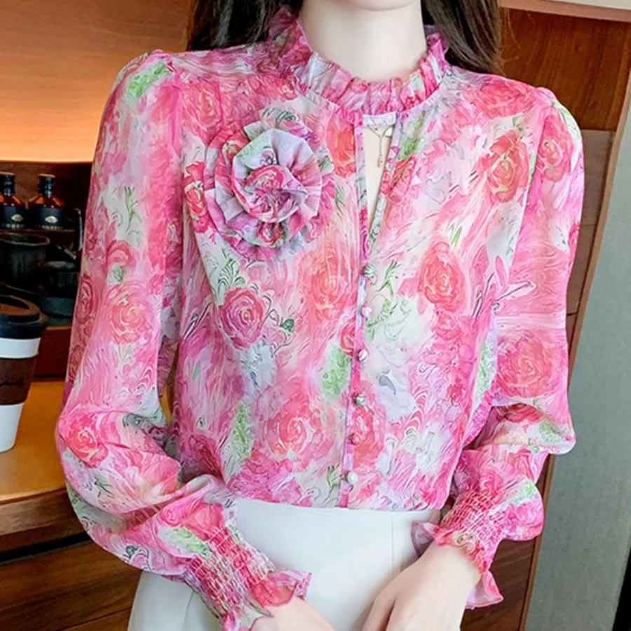 

Женская шифоновая блузка на пуговицах, Элегантная блузка с длинным рукавом и трехмерными цветами, осень-весна 2023