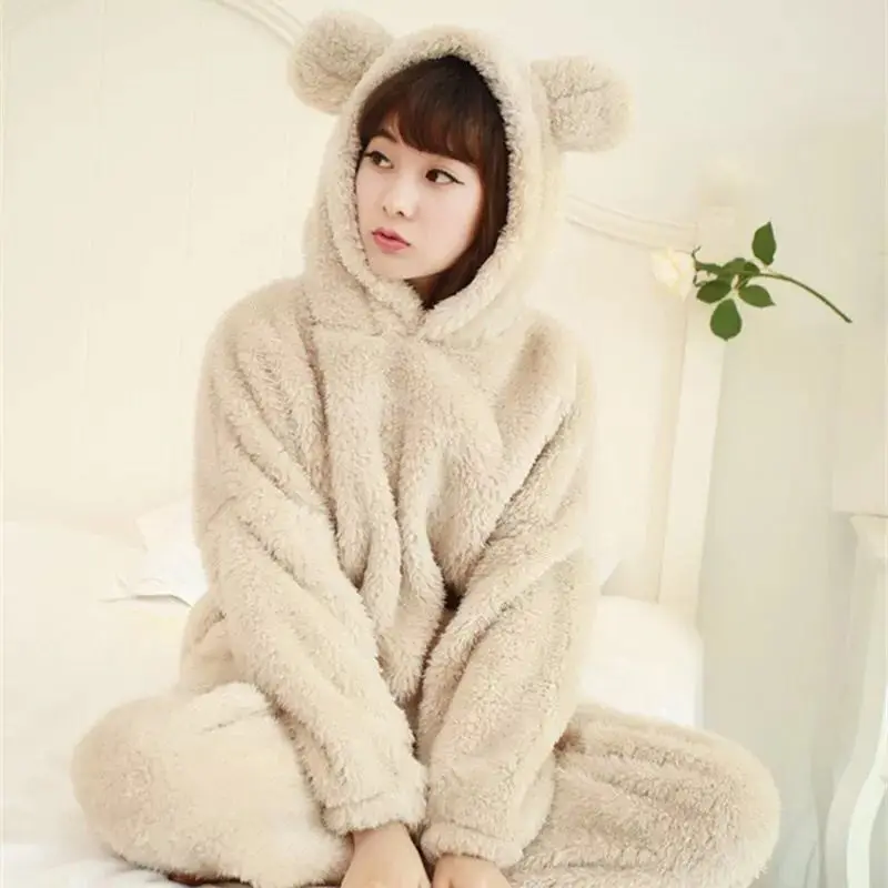 Velvet Pants Home Wear Winter Pajamas for Women Flannel Thick Warm Cartoon Bear Nightwear Adult with Hood Girls Lounge Set