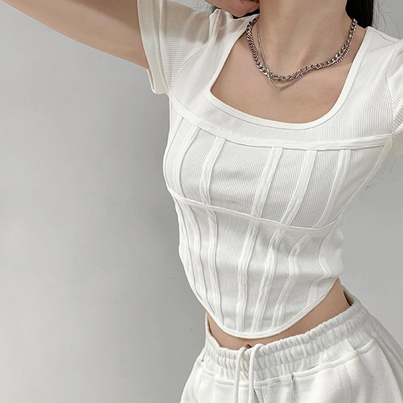

Summer Bright Line White T-shirt Ladies Fashion Slim Square Neck Short Sleeve Cropped Tops Female T Shirts